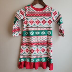 Toddler Girls Holiday Festive Fair Isle Red Green Family Fleece Jammy Dress, 4T
